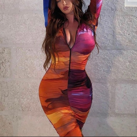 Mindful Color Ruched Midi Dress - Fuchsia/Combo - Picture 6 of 6